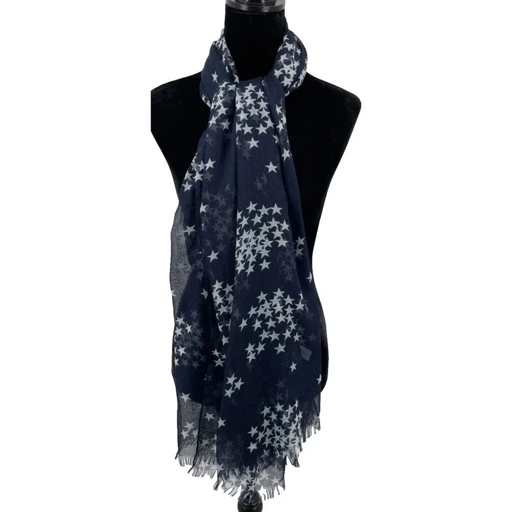 Nicole Marciano Womens Rectangular‎ Scarf One Size Navy Blue White Stars Print